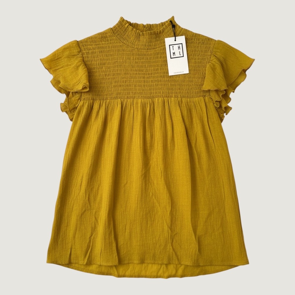 Womens THML blouse features a high ruffled neck and smocked detailing size S NWT - Picture 1 of 7